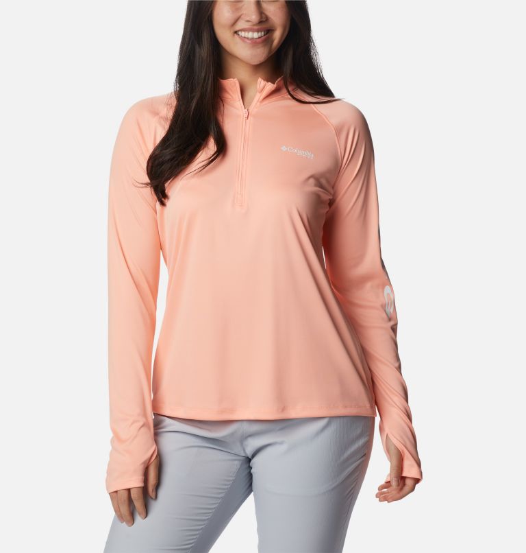 Women's PFG Tidal Tee Quarter Zip Long Sleeve Shirt, Color: Tiki Pink, White Logo, image 1