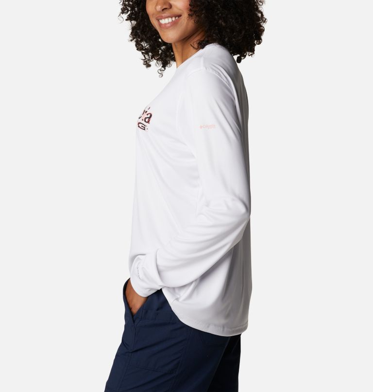 Women's PFG Tidal Tee Stacked Logo Long Sleeve Shirt, Color: White, Hidden Paradise Fill, image 3