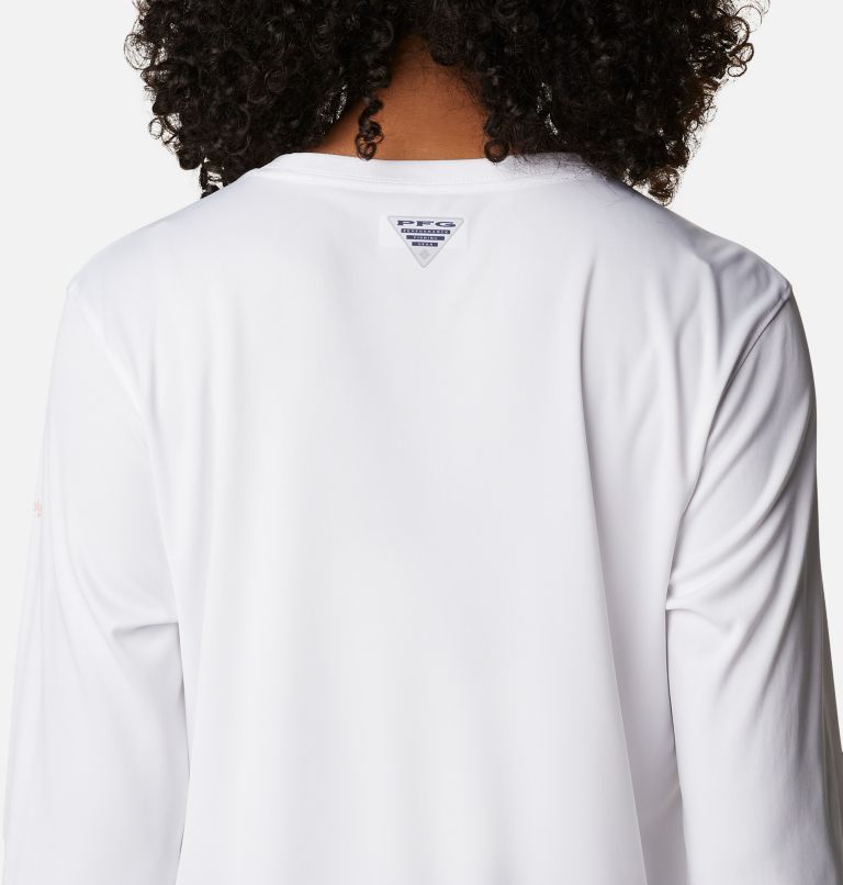 Thumbnail: Women's PFG Tidal Tee Stacked Logo Long Sleeve Shirt, Color: White, Hidden Paradise Fill, image 5