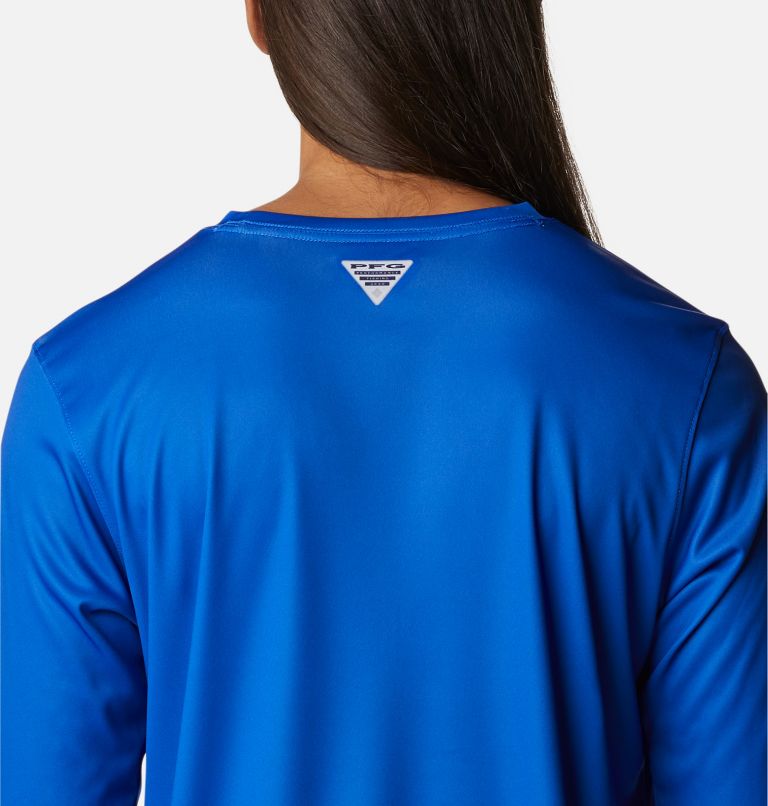 Women's PFG Tidal Tee Stacked Logo Long Sleeve Shirt, Color: Blue Macaw, Hidden Paradise Fill, image 5