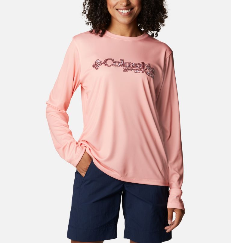 Thumbnail: Women's PFG Tidal Tee Stacked Logo Long Sleeve Shirt, Color: Tiki Pink, Kona Fill, image 1