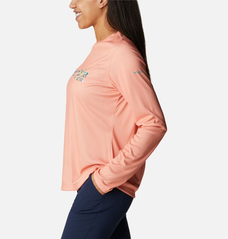 Women's PFG Tidal Tee Stacked Logo Long Sleeve Shirt, Color: Bright Nectar, Hidden Paradise Fill