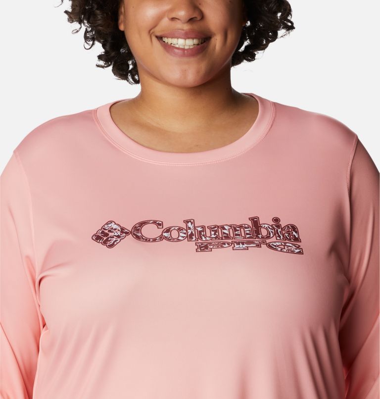 Women's PFG Tidal Tee Stacked Logo Long Sleeve Shirt - Plus Size, Color: Tiki Pink, Kona Fill