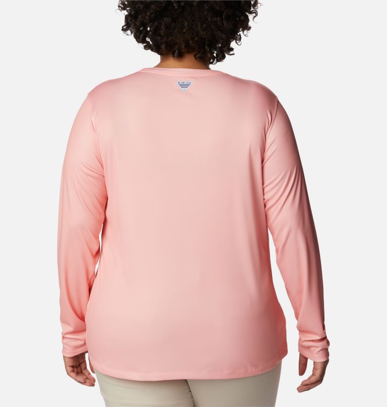Women's PFG Tidal Tee Stacked Logo Long Sleeve Shirt - Plus Size, Color: Tiki Pink, Kona Fill