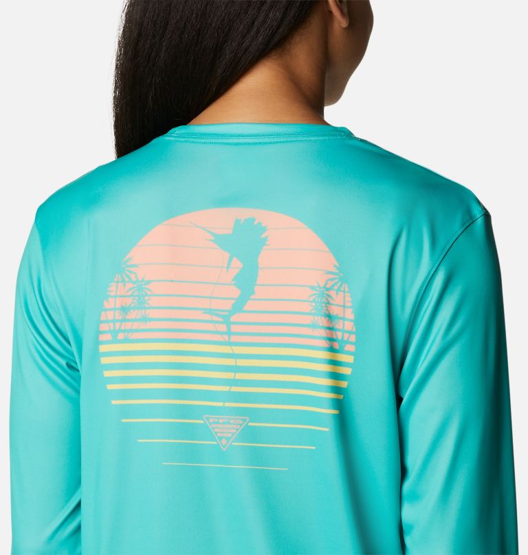 Women's PFG Tidal Tee Hook-Up Long Sleeve Shirt, Color: Electric Turquoise, Sun Glow Gradient
