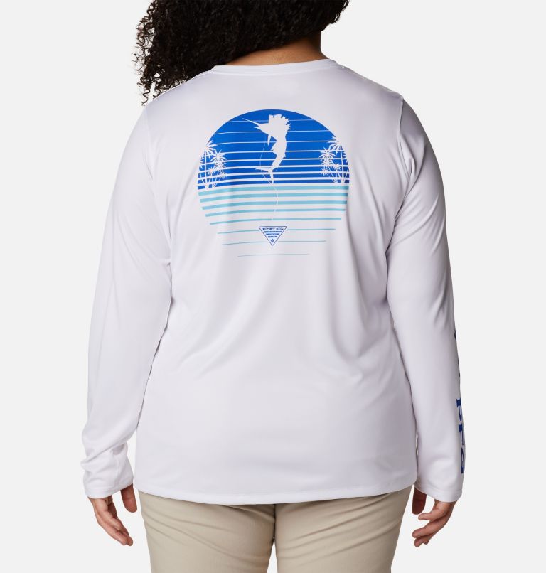 Women's PFG Tidal Tee Hook-Up Long Sleeve Shirt - Plus Size, Color: White, Atoll Gradient