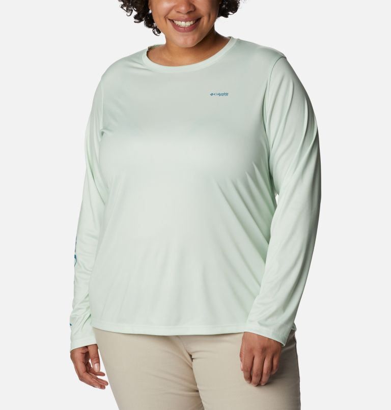 Women's PFG Tidal Tee Hook-Up Long Sleeve Shirt - Plus Size, Color: Light Lime, Safari Gradient