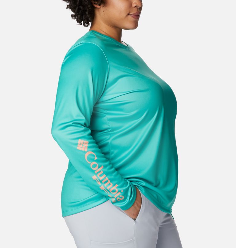 Women's PFG Tidal Tee Hook-Up Long Sleeve Shirt - Plus Size, Color: Electric Turquoise, Sun Glow Gradient, image 3