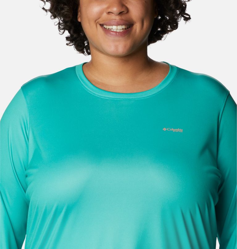 Women's PFG Tidal Tee Hook-Up Long Sleeve Shirt - Plus Size, Color: Electric Turquoise, Sun Glow Gradient, image 4