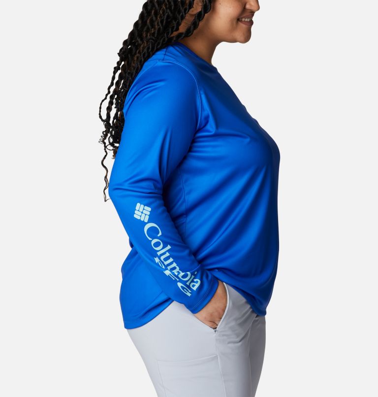 Women's PFG Tidal Tee Hook-Up Long Sleeve Shirt - Plus Size, Color: Blue Macaw, Atoll Gradient