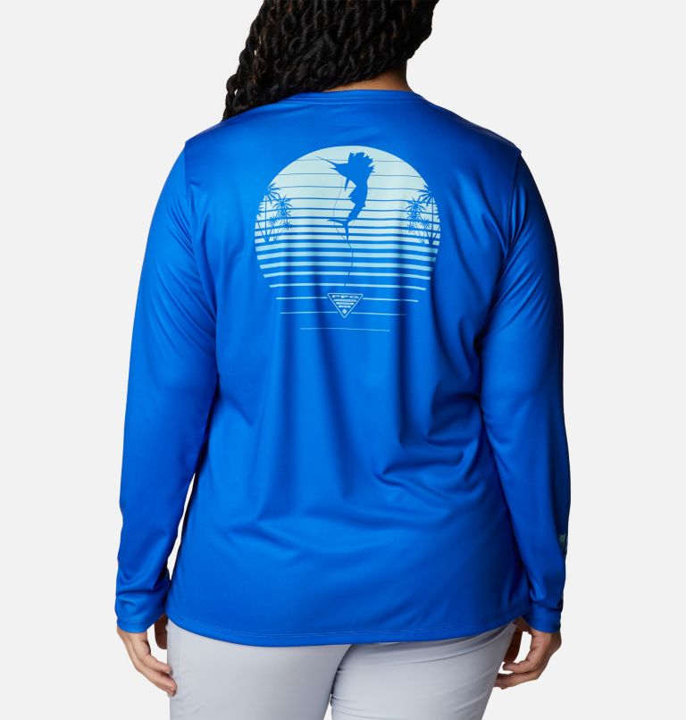 Women's PFG Tidal Tee Hook-Up Long Sleeve Shirt - Plus Size, Color: Blue Macaw, Atoll Gradient