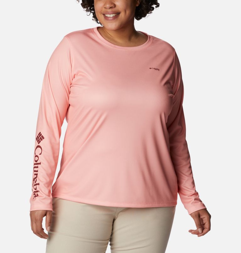 Women's PFG Tidal Tee Hook-Up Long Sleeve Shirt - Plus Size, Color: Tiki Pink, Red Hibiscus Gradient