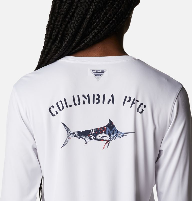 Women's PFG Tidal Tee Fill-O-Print Fish Long Sleeve Shirt, Color: White, Marlin