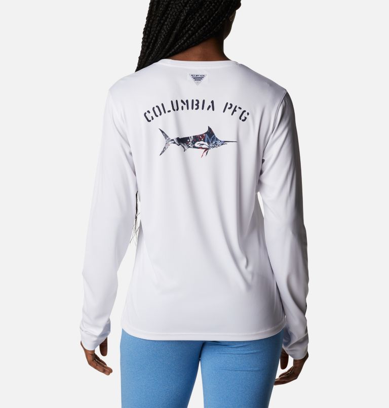 Women's PFG Tidal Tee Fill-O-Print Fish Long Sleeve Shirt, Color: White, Marlin