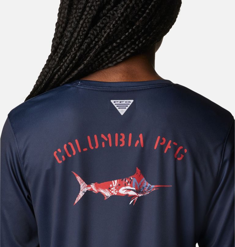Women's PFG Tidal Tee Fill-O-Print Fish Long Sleeve Shirt, Color: Collegiate Navy, Marlin, image 5