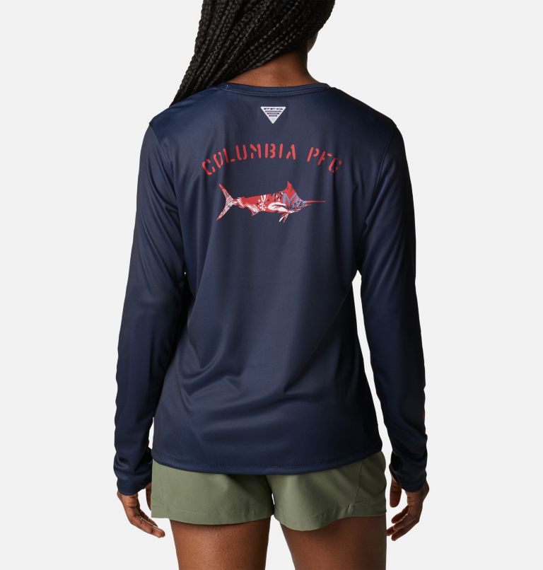 Women's PFG Tidal Tee Fill-O-Print Fish Long Sleeve Shirt, Color: Collegiate Navy, Marlin, image 2