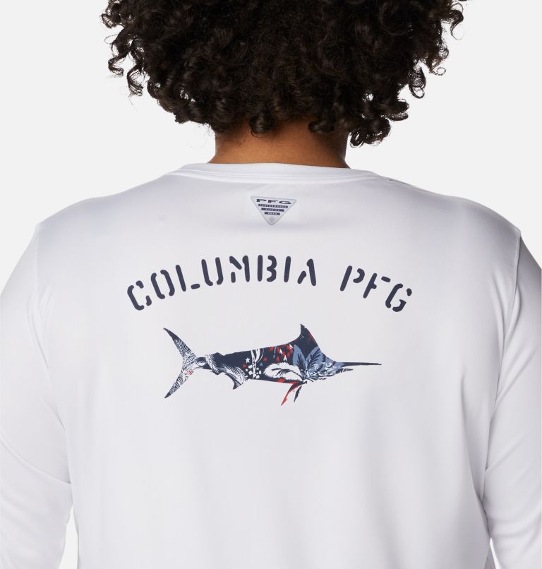 Women's PFG Tidal Tee Fill-O-Print Fish Long Sleeve Shirt - Plus Size, Color: White, Marlin