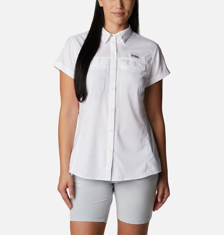Women's PFG Skiff Guide Woven Short Sleeve Shirt, Color: White, image 1
