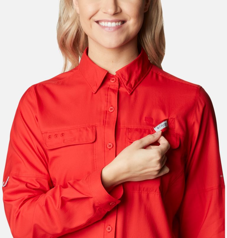 Women's PFG Skiff Guide Woven Long Sleeve Shirt, Color: Red Spark