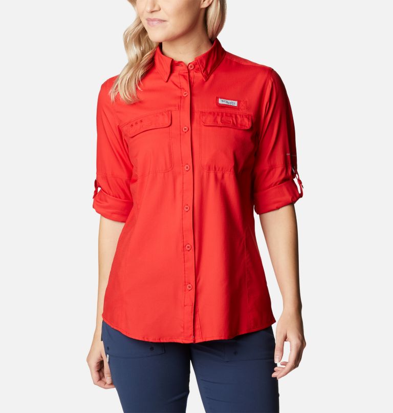 Women's PFG Skiff Guide Woven Long Sleeve Shirt, Color: Red Spark