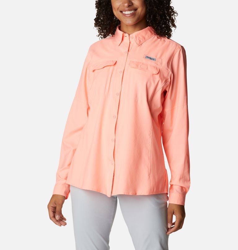 Women's PFG Skiff Guide Woven Long Sleeve Shirt, Color: Tiki Pink, image 1