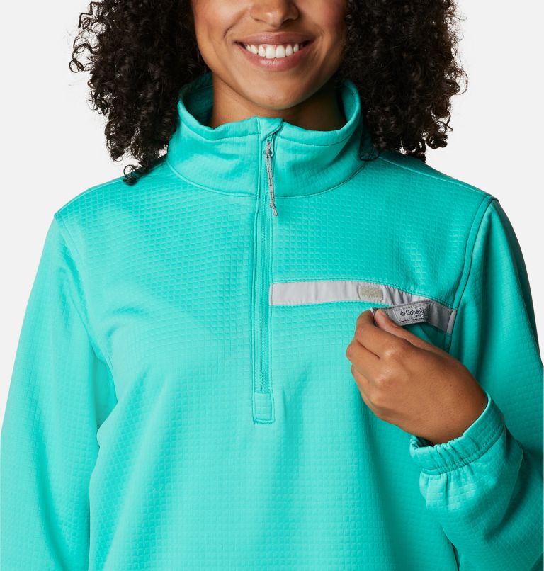 Women's PFG Skiff Guide Fleece, Color: Electric Turquoise, Cool Grey