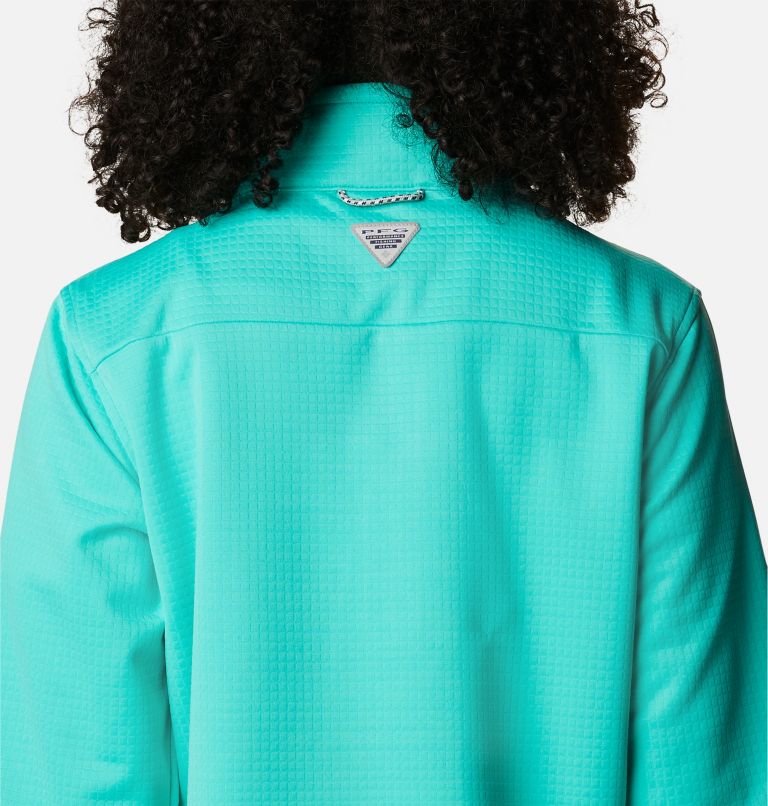 Women's PFG Skiff Guide Fleece, Color: Electric Turquoise, Cool Grey