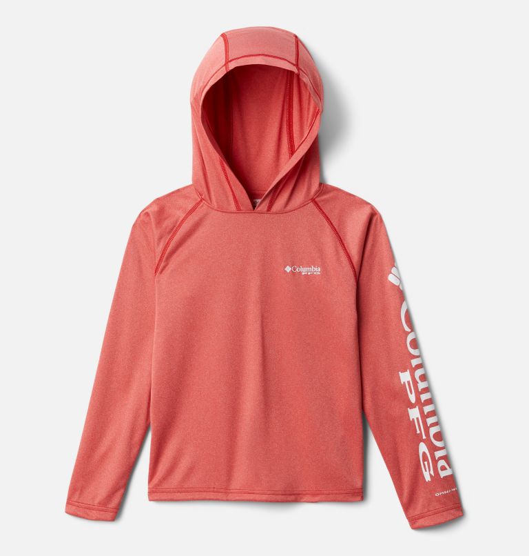 Boys' PFG Terminal Tackle Heather Hoodie, Color: Red Spark Heather, White Logo, image 1