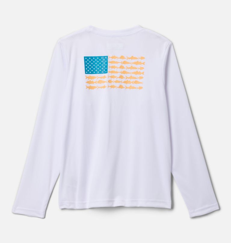 Boys' PFG Terminal Tackle Fish Flag Long Sleeve Shirt, Color: White, Blue Echo Fish Flag, image 1