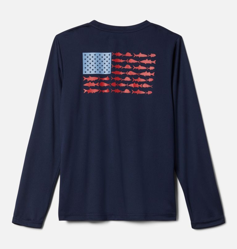 Boys' PFG Terminal Tackle Fish Flag Long Sleeve Shirt, Color: Collegiate Navy, Red Spark, image 2