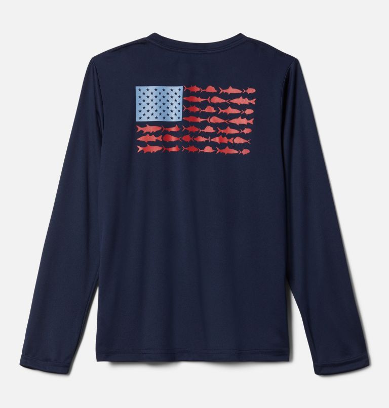 Boys' PFG Terminal Tackle Fish Flag Long Sleeve Shirt, Color: Collegiate Navy, Red Spark, image 1