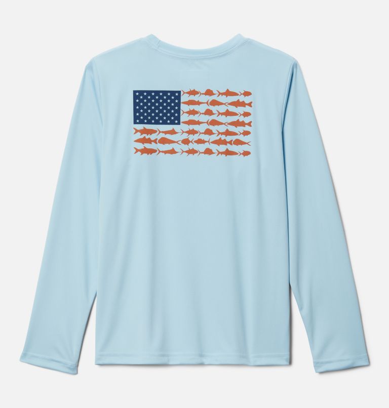 Boys' PFG Terminal Tackle Fish Flag Long Sleeve Shirt, Color: Spring Blue, Island Orange, image 2