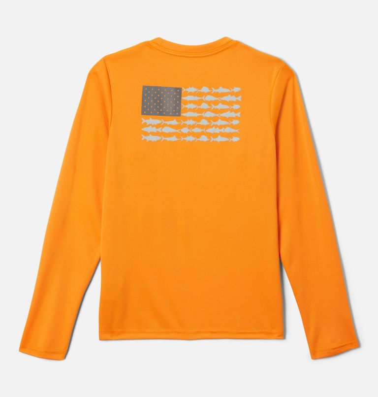 Boys' PFG Terminal Tackle Fish Flag Long Sleeve Shirt, Color: Orange Blast, Cool Grey, image 2