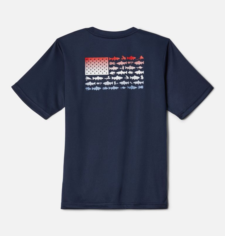 Boys' PFG Terminal Tackle Fish Flag T-Shirt, Color: Collegiate Navy, Red Spark Gradient, image 2