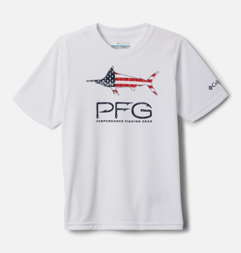 Boys' PFG Terminal Tackle LGF Short Sleeve Shirt, Color: White, Marlin America Graphic, image 1