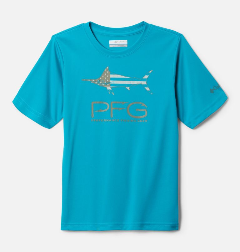 Thumbnail: Boys' PFG Terminal Tackle LGF Short Sleeve Shirt, Color: Ocean Teal, Marlin America Graphic, image 1