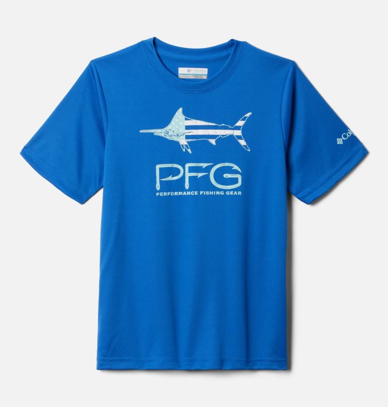 Boys' PFG Terminal Tackle LGF Short Sleeve Shirt, Color: Vivid Blue, Marlin America Graphic, image 1