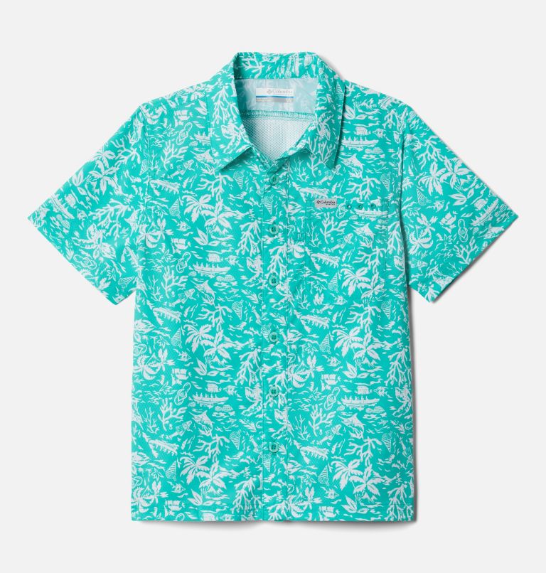Boys' PFG Super Slack Tide Short Sleeve Camp Shirt, Color: Electric Turquoise Kona, image 1