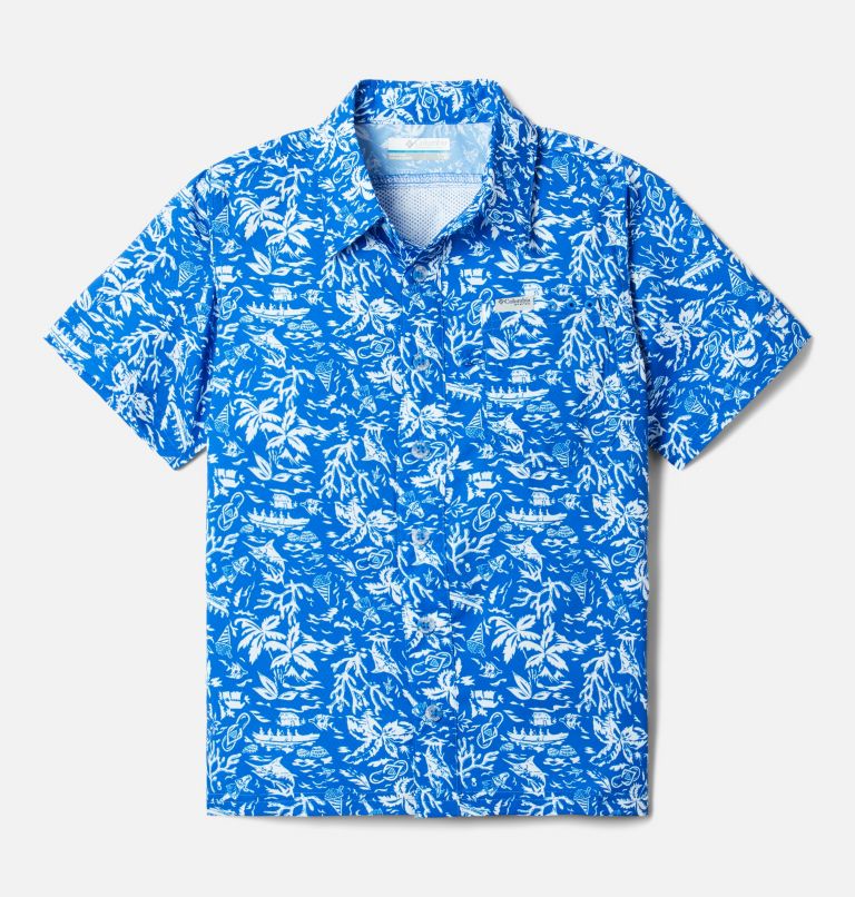 Boys' PFG Super Slack Tide Short Sleeve Camp Shirt, Color: Blue Macaw Kona