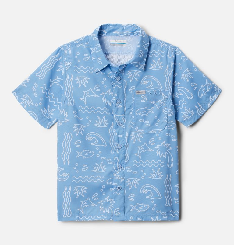 Boys' PFG Super Slack Tide Short Sleeve Camp Shirt, Color: Agate Blue Marlin Shores, image 1