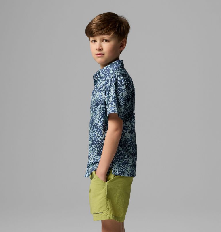 Boys' PFG Super Slack Tide Short Sleeve Camp Shirt, Color: Crushed Blue Marlin Palms, image 3
