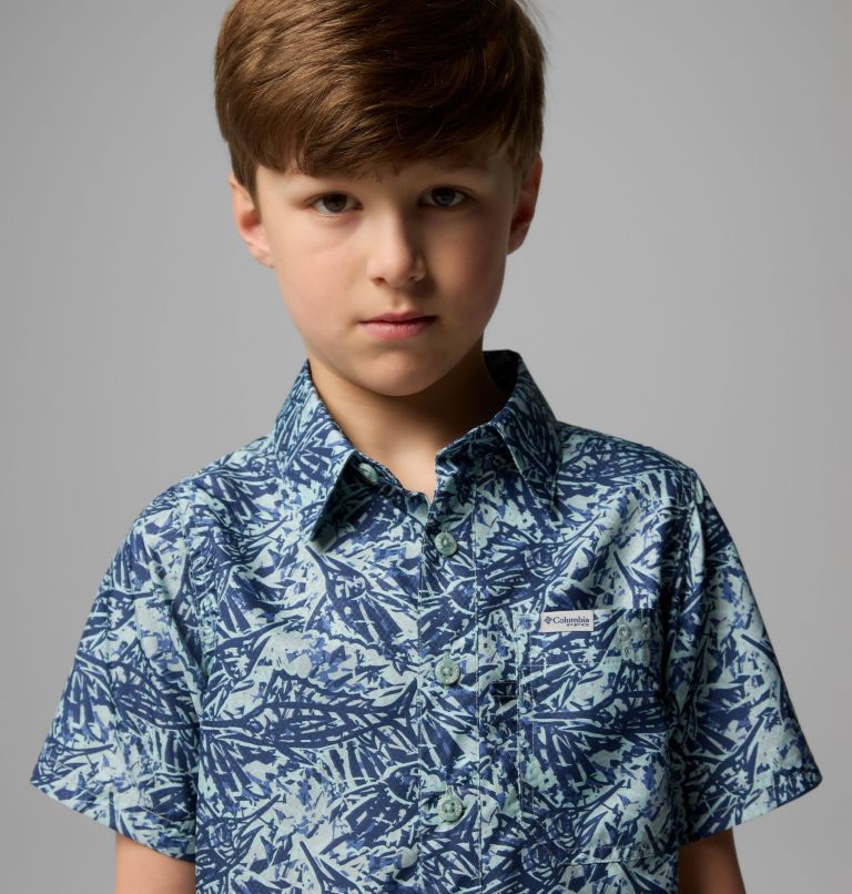 Boys' PFG Super Slack Tide Short Sleeve Camp Shirt, Color: Crushed Blue Marlin Palms, image 4