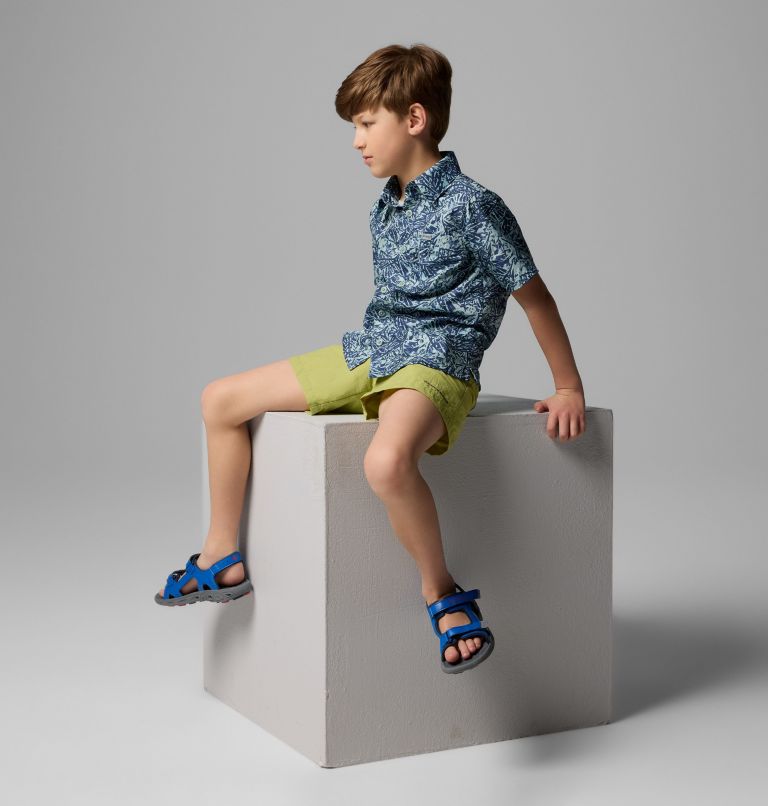 Boys' PFG Super Slack Tide Short Sleeve Camp Shirt, Color: Crushed Blue Marlin Palms, image 6
