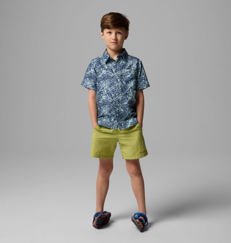 Boys' PFG Super Slack Tide Short Sleeve Camp Shirt, Color: Crushed Blue Marlin Palms, image 1