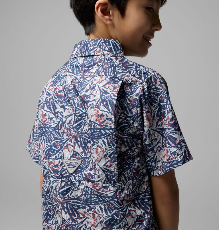 Boys' PFG Super Slack Tide Short Sleeve Camp Shirt, Color: Nocturnal Marlin Palms, image 5