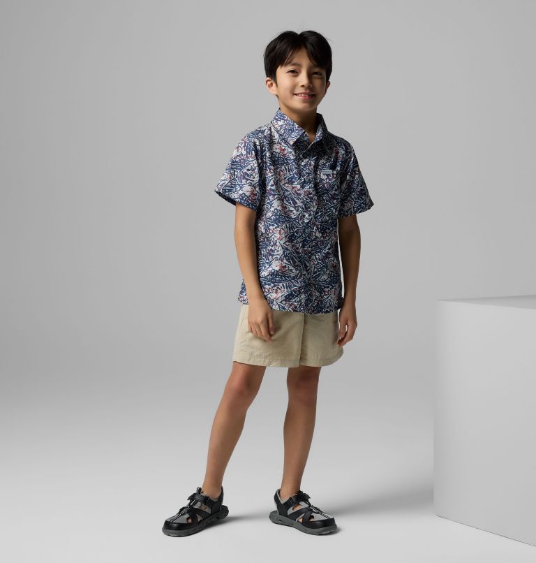 Boys' PFG Super Slack Tide Short Sleeve Camp Shirt, Color: Nocturnal Marlin Palms, image 6