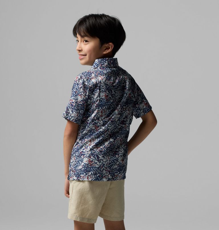 Boys' PFG Super Slack Tide Short Sleeve Camp Shirt, Color: Nocturnal Marlin Palms, image 2