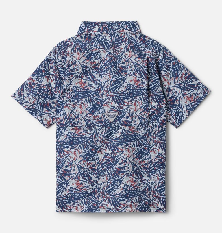 Boys' PFG Super Slack Tide Short Sleeve Camp Shirt, Color: Nocturnal Marlin Palms, image 2