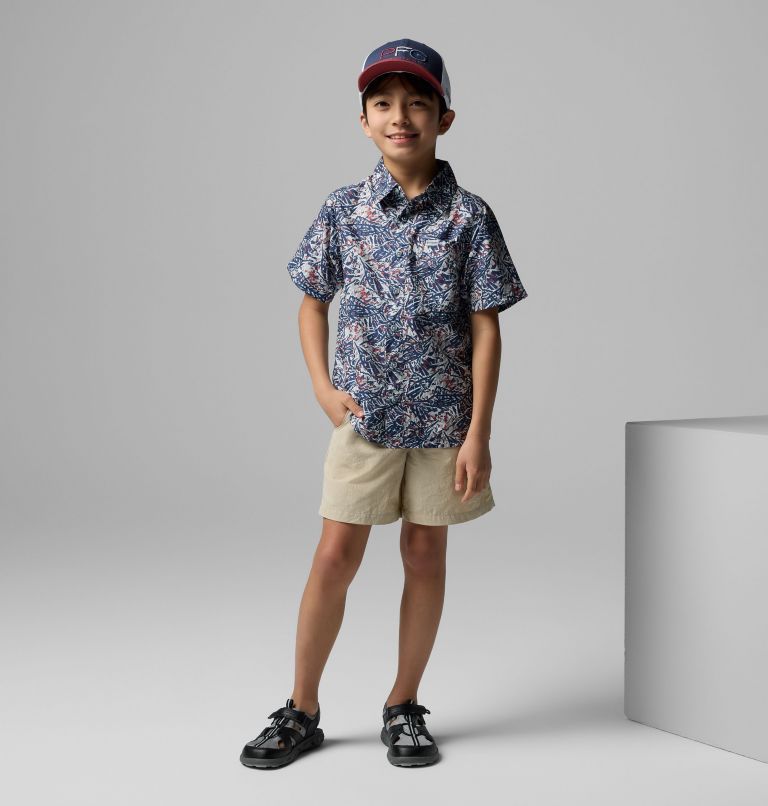 Boys' PFG Super Slack Tide Short Sleeve Camp Shirt, Color: Nocturnal Marlin Palms, image 1