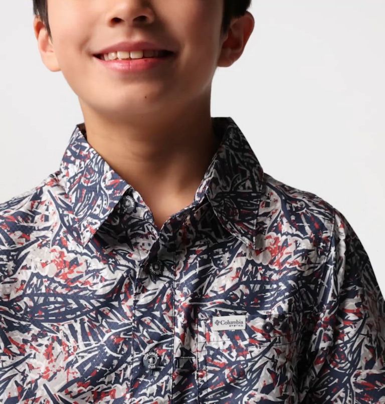Boys' PFG Super Slack Tide Short Sleeve Camp Shirt, Color: Nocturnal Marlin Palms